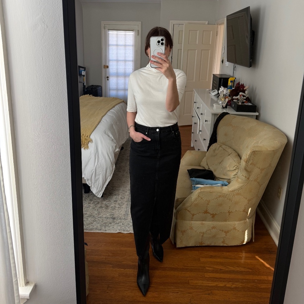 Black denim midi skirt